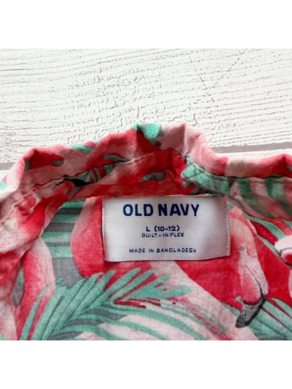 Old Navy Boys Flamingo Print Button Up Shirt Tropical Built-In Flex L 10-12
